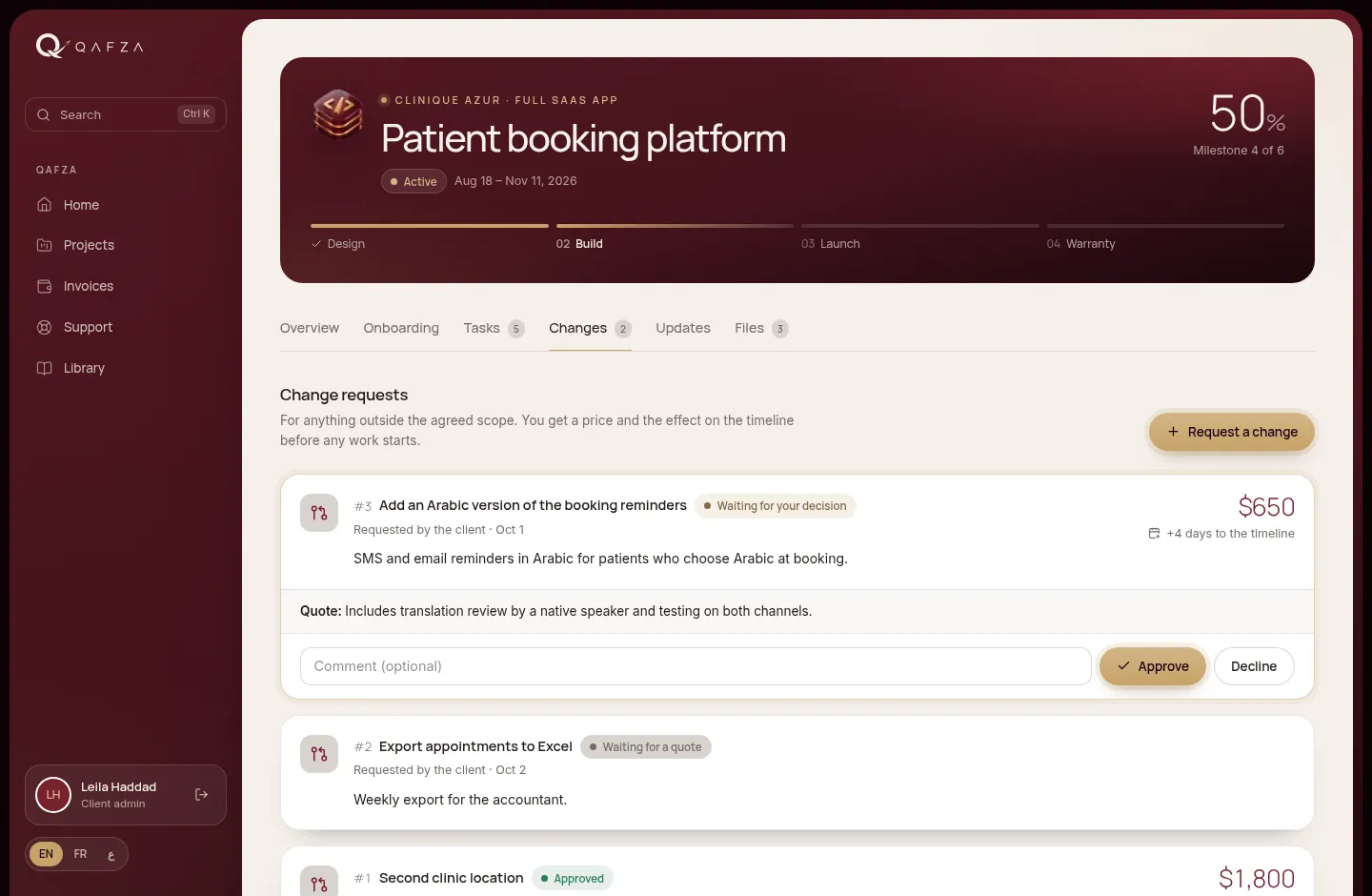 A quoted change waiting for the client's decision