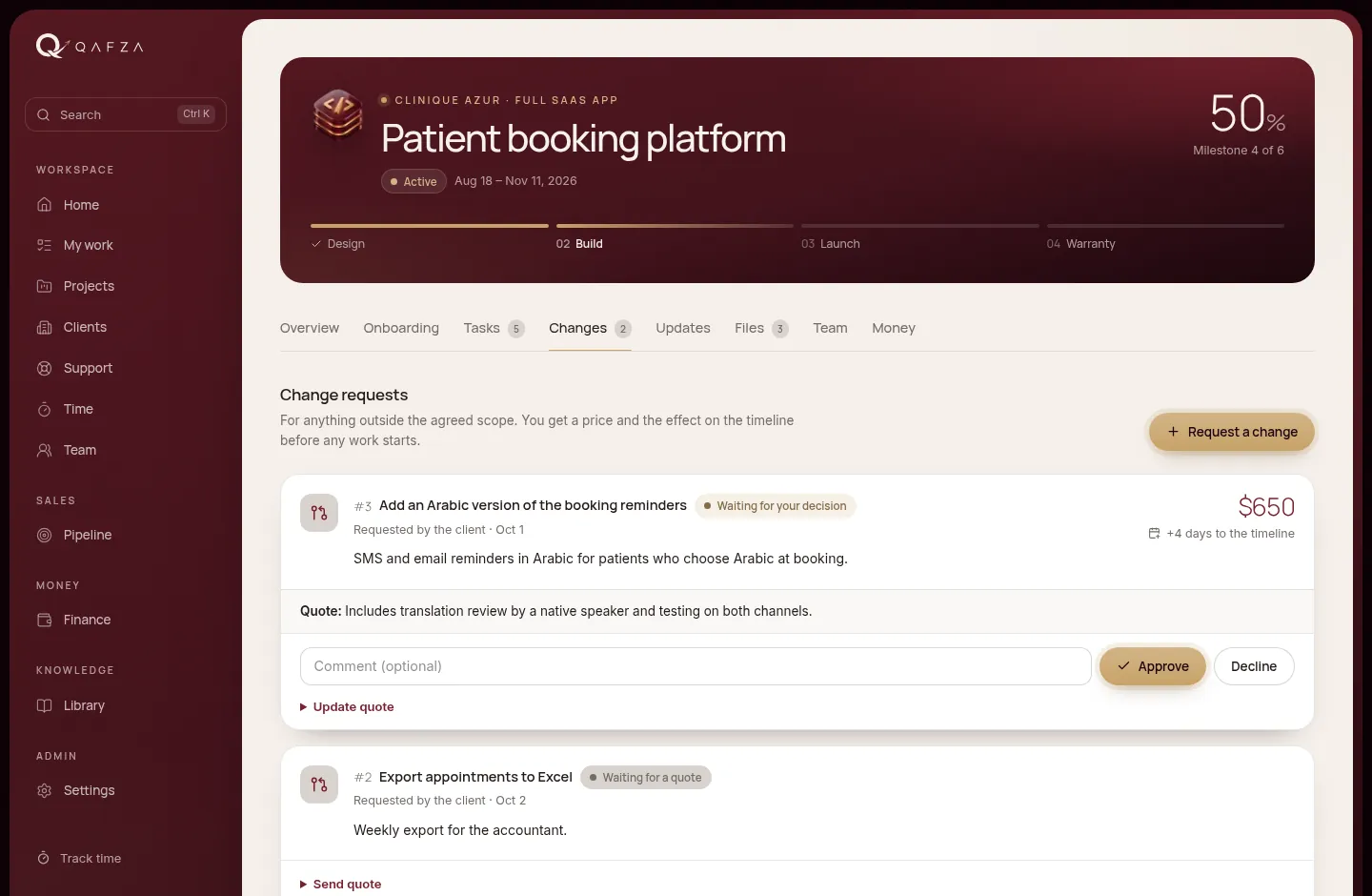 The changes tab with a quoted change