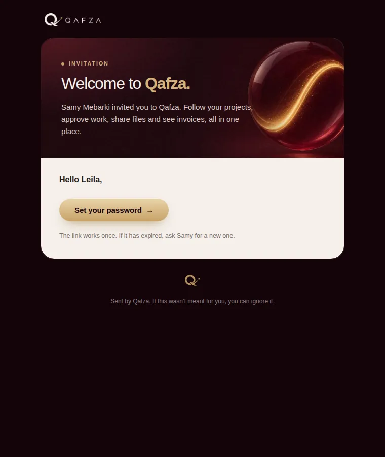 Invitation email with a Set your password button