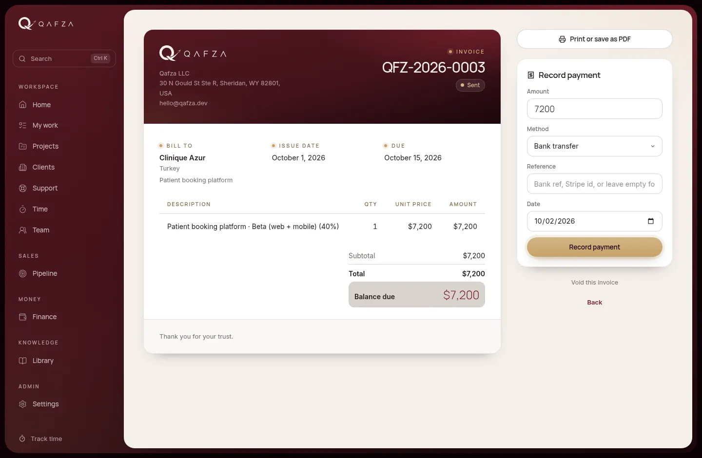 A branded invoice with the payment panel