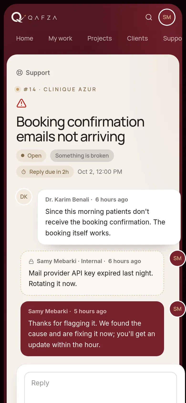 A support request on a phone