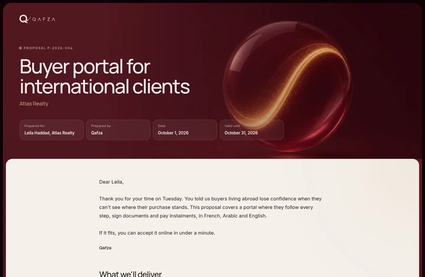 The proposal page the client signs