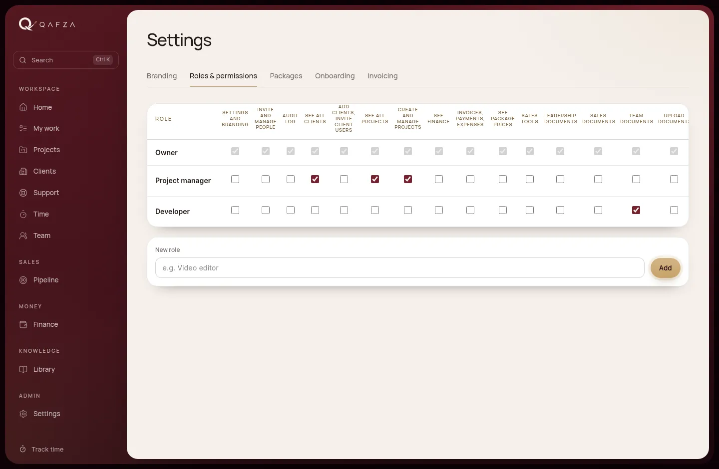 Roles and permissions matrix in settings