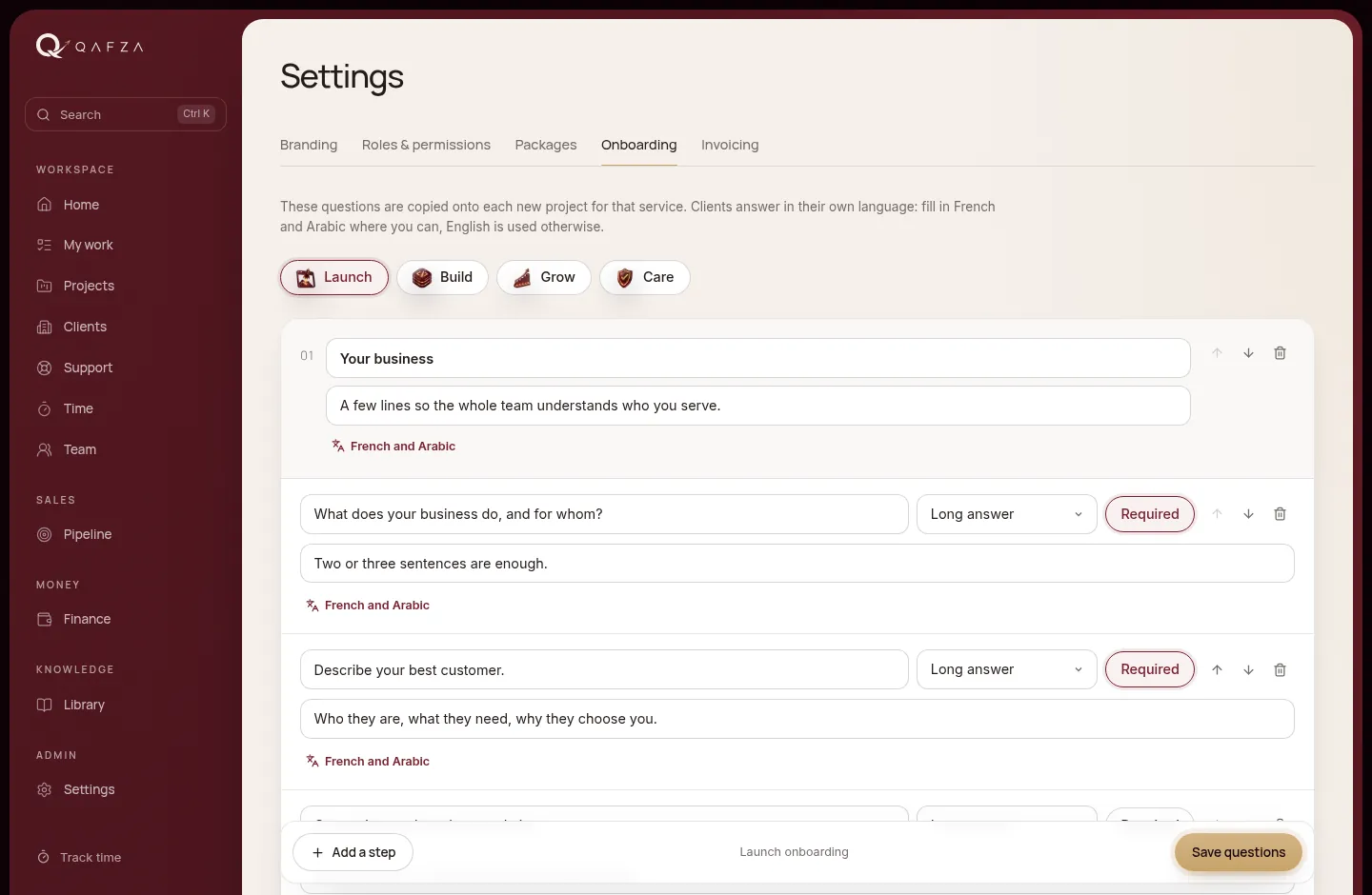 Editing onboarding questions in settings